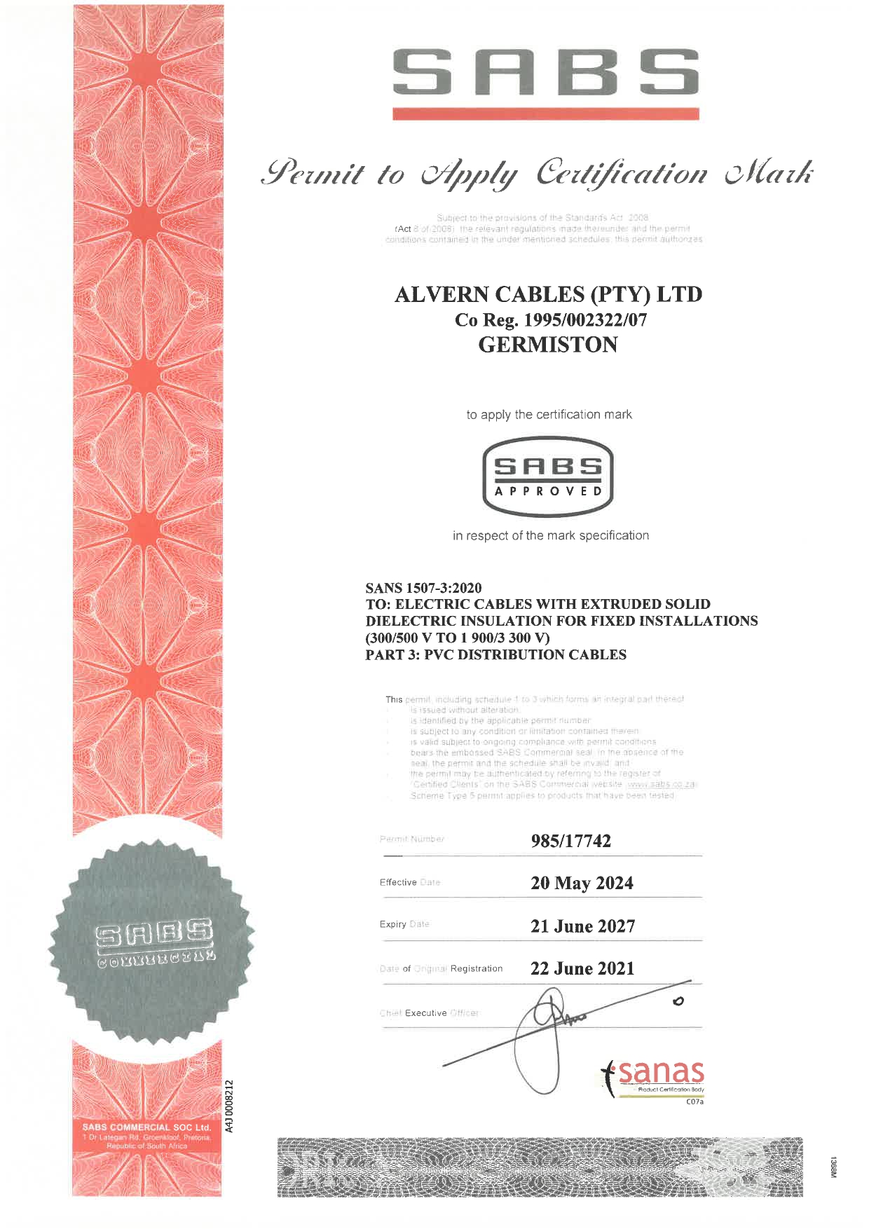 SANS-1507-3-2020 Certificate