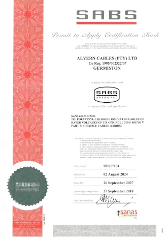 SANS-60227-5 & SANS-1574-2 Certificate